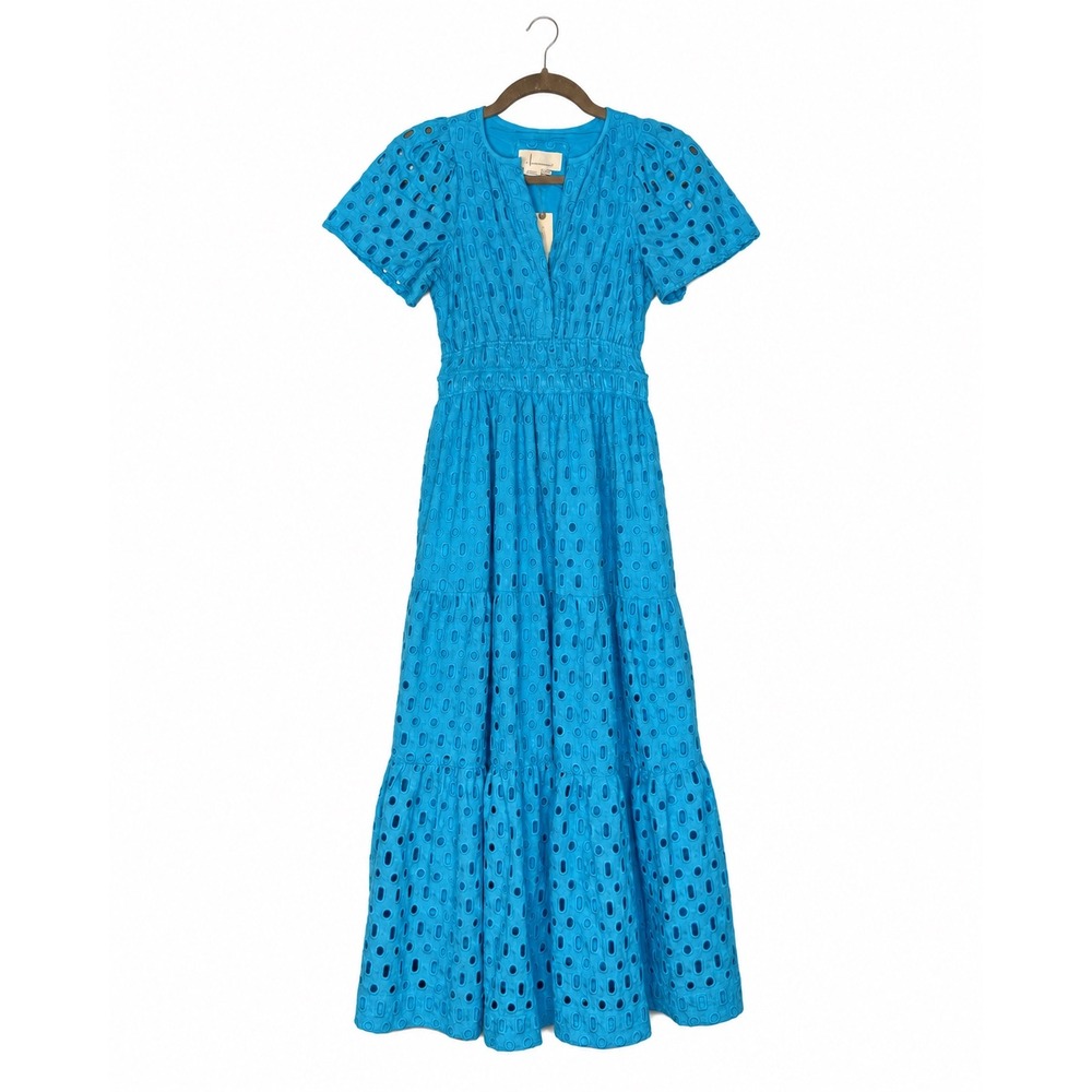 Anthropologie Somerset Eyelet Maxi Dress XXS Blue Cotton VNeck Smocked Waist NWT